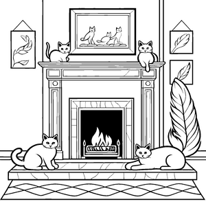 Gemütliche Katzen faulenzen vor dem Kamin Ausmalvorlage für friedliche Träumer