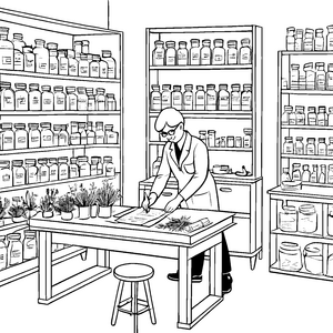 Kreative Apothekerin mit spannenden Kräutern Ausmalbild für neugierige Gesundheitsforscher