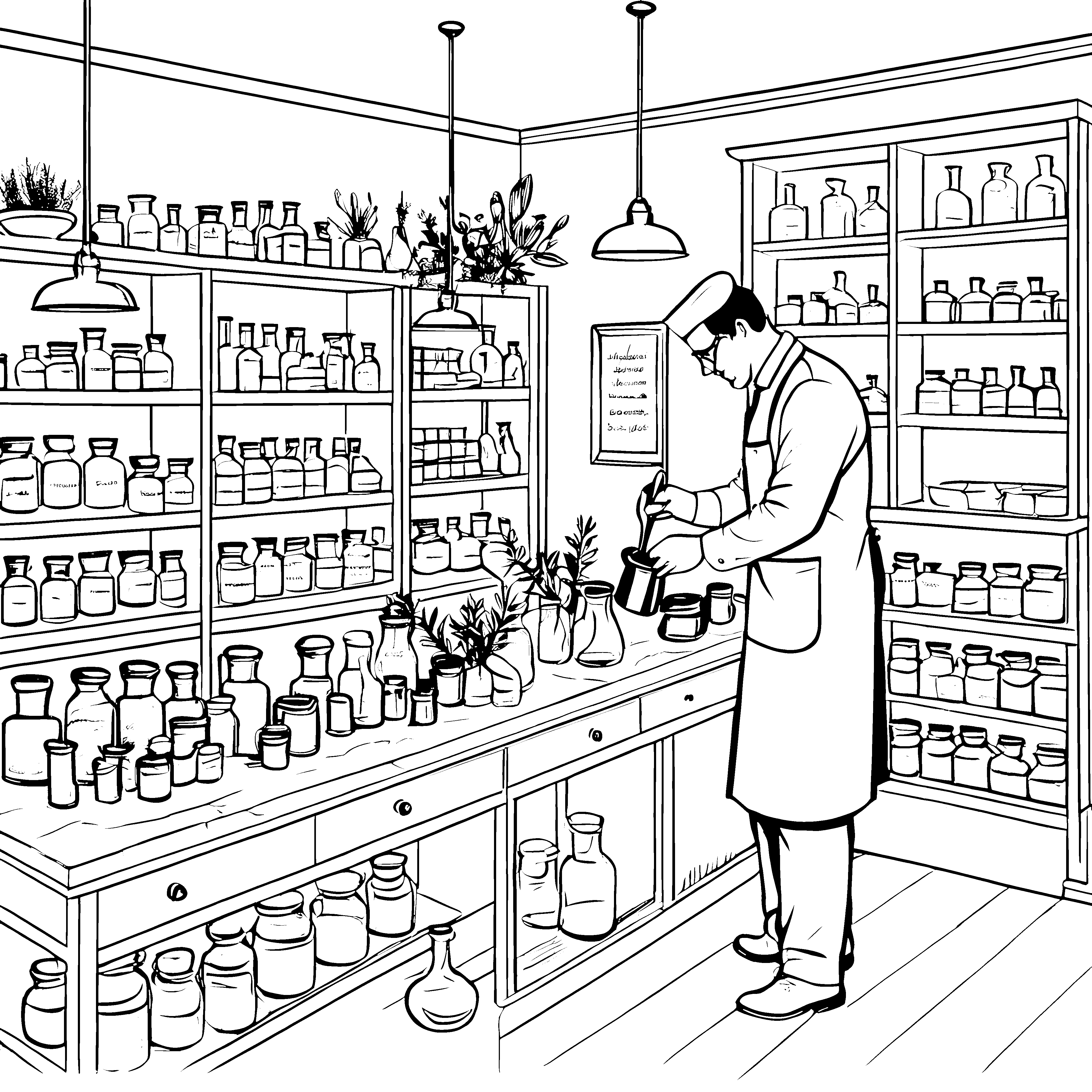 Kreativer Apotheker beim Mischen von Heilmitteln Ausmalvorlage für neugierige Forscher
