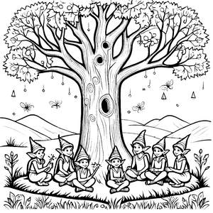 Zauberhafte Elfen beim Spielen rund um den alten Baum Ausmalmotiv für kleine Fantasieabenteurer