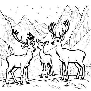 Verspielte Rentierbabys in schneebedeckter Berglandschaft Ausmalmotiv für naturbegeisterte Entdecker