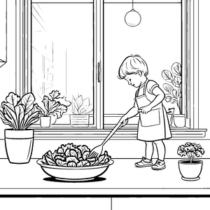 Kreative Kinder beim frischen Salatmischen Ausmalvorlage für kleine Küchenchefs