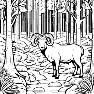 Majestätischer Widder am glitzernden Bachlauf Ausmalmotiv für tapfere Naturfreunde