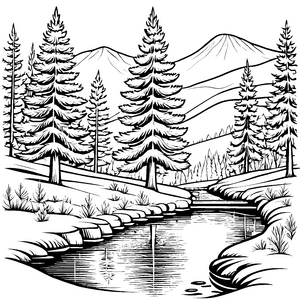 Faszinierende Fichtenlandschaft mit glitzerndem Wasser Ausmalmotiv für kleine Naturfreunde