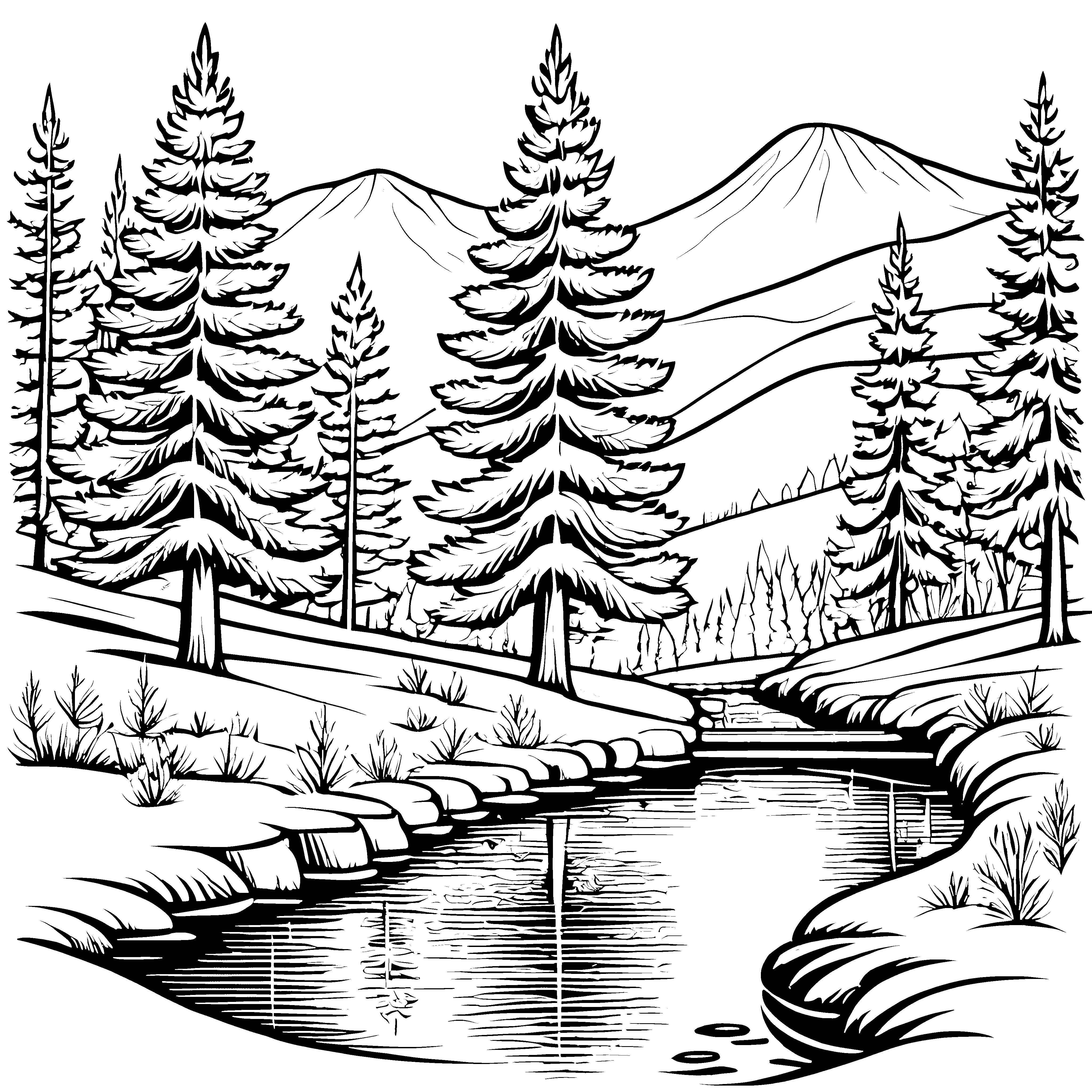 Faszinierende Fichtenlandschaft mit glitzerndem Wasser Ausmalmotiv für kleine Naturfreunde