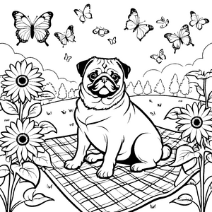 Verspielter Mops zwischen bunten Blumen Ausmalvorlage für fantasievolle Tierfreunde