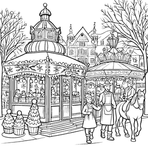 Bezaubernder Weihnachtsmarkt mit festlichen Ständen Ausmalvorlage für kleine Weihnachtsfreunde