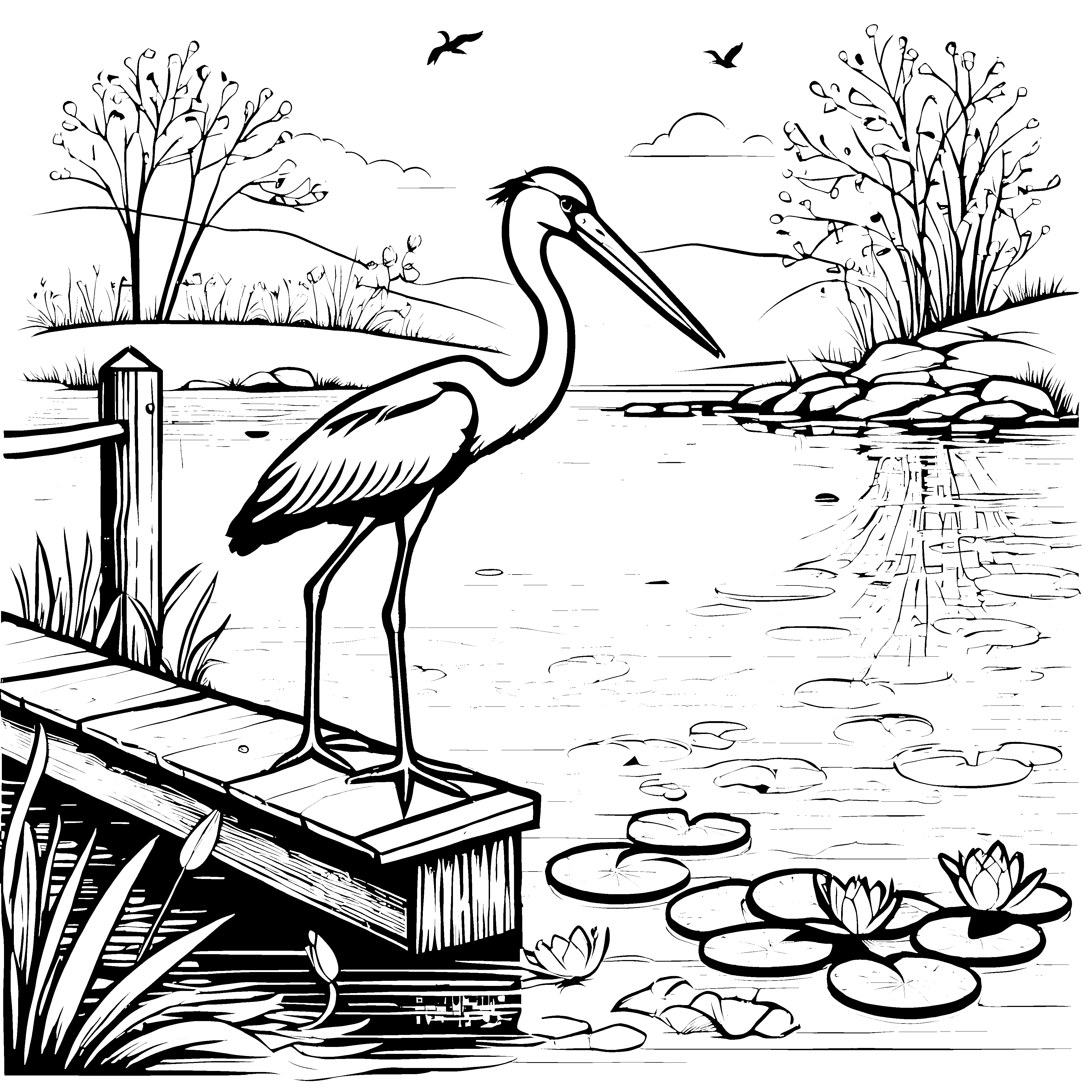 Storch auf malerischer Holzbrücke Ausmalbild für kleine Naturfreunde