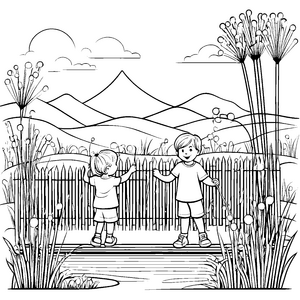 Freundliches Gespräch hinter dem bunten Zaun Ausmalbild für kleine Entdecker