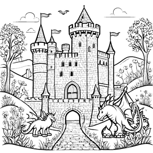 Faszinierende Drachen vor zauberhafter Burg Ausmalbild für kreative Fantasy-Fans