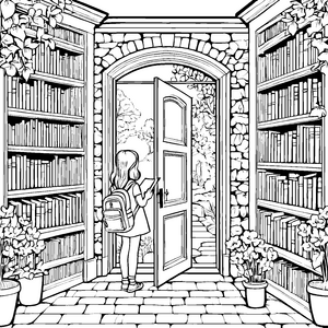 Zauberhafte Bibliothek mit dem Blick ins Grüne Ausmalbild für neugierige Leseratten