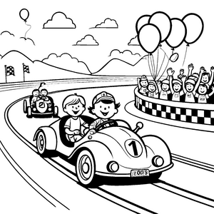 Schneller Rennwagen mit fröhlichen Fahrern Ausmalvorlage für kleine Motorsportfans
