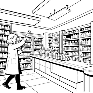 Lebhafte Apotheke mit bunten Fläschchen Ausmalbild für neugierige Entdecker