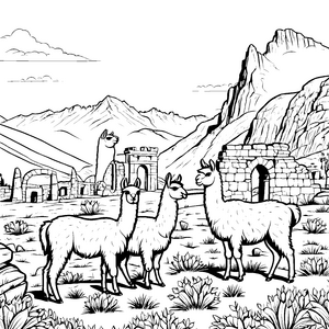 Entspanntes Lama-Duo in beeindruckender Landschaft Ausmalmotiv für kreative Entdecker