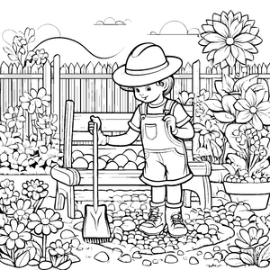 Kreativer Gärtner mit Schaufel im bunten Blumenbeet Ausmalmotiv für kleine Gartenfreunde