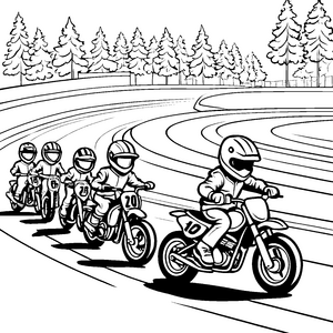 Rasante Renn-Motorräder auf der spannenden Piste Ausmalvorlage für kleine Geschwindigkeitsexperten