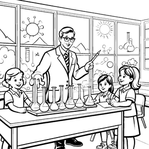 Faszinierender Lehrer mit bunten Experimenten Ausmalvorlage für wissbegierige Entdecker