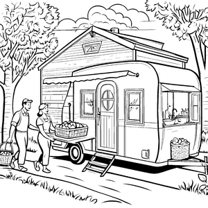 Lebhafter Wohnwagen mit frischen Früchten Malvorlage für neugierige Abenteurer