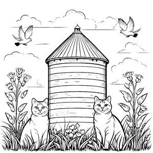 Lebendige Bauernhofkatzen vor rustikalem Siloturm Ausmalbild für kleine Tierliebhaber