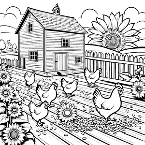 Hüpfende Hühner im Sonnenblumenfeld Ausmalbild für kleine Gartenfreunde