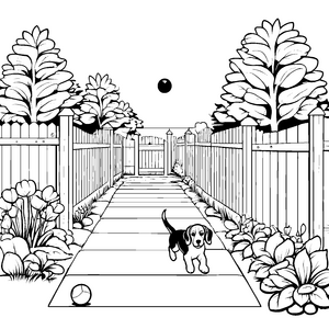 Beagle mit spannendem Ball im blühenden Garten Ausmalvorlage für fröhliche Entdecker