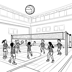 Spannendes Volleyballspiel mit fröhlichen Spielern Ausmalbild für lebhafte Sportler