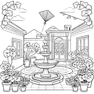 Eleganter Handfächer im blühenden Garten Ausmalbild für kreative Naturfreunde