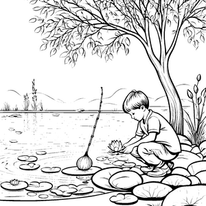 Zwei fantasievolle Lotusblüten im ruhigen Teich Ausmalbild für kleine Naturforscher