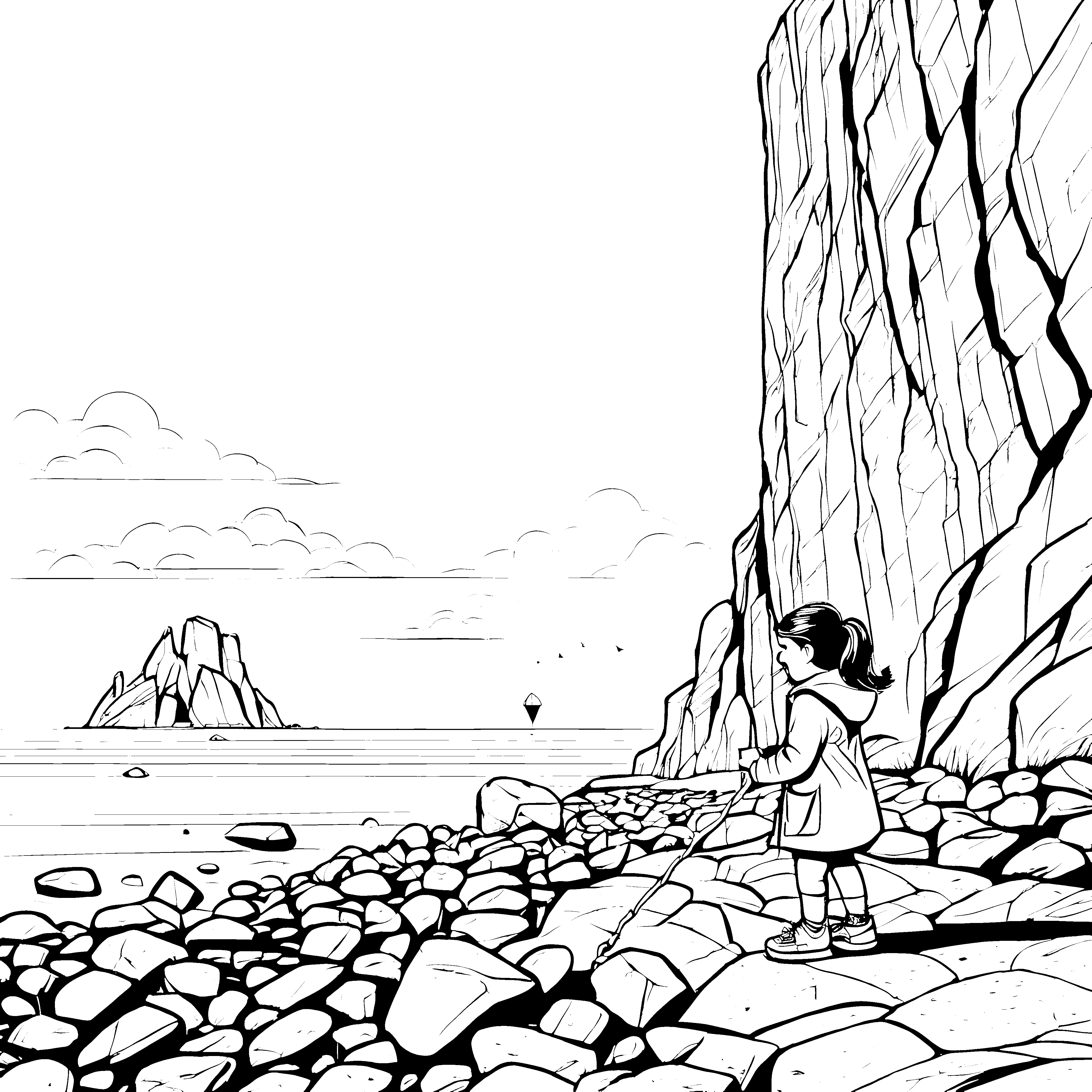 Beeindruckende Klippenlandschaft mit schimmerndem Wasser Ausmalbild für neugierige Entdecker