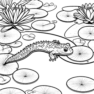 Faszinierender Salamander auf blühender Seerose Ausmalvorlage für neugierige Entdecker