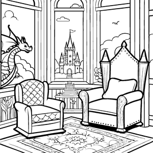 Majestätischer Thron mit schimmerndem Drachen Ausmalbild für fantasievolle Königskinder