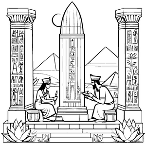 Ägyptische Schreiber im Schatten historischer Monumente Ausmalmotiv für kleine Entdecker