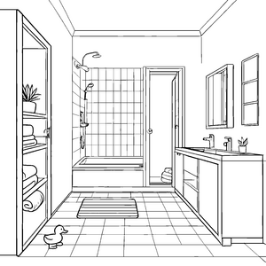 Badezimmer mit fröhlichem Entenfreund und bunten Handtüchern Ausmalmotiv für kleine Ordnungsliebhaber
