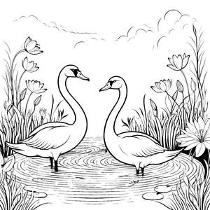 Elegante Schwäne im blühenden Teich Ausmalvorlage für fantasievolle Künstler