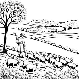Frohsinniger Schäfer mit Schafen auf blühendem Feld Ausmalmotiv für abenteuerliche Naturentdecker