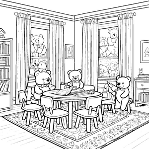 Kreative Teddybären beim Spielen im Kindergarten Ausmalbild für fantasievolle Entdecker