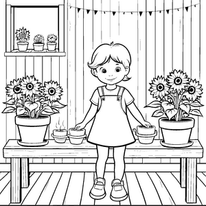 Fröhliches Mädchen mit bunten Blumen im Kübel Malvorlage für kleine Gartenfreunde