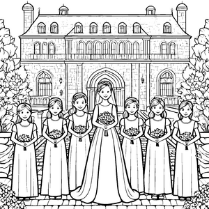 Elegante Braut umgeben von fröhlichen Blumenmädchen Ausmalbild für kleine Hochzeitsträumer