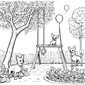 Drei lebhafte Chihuahuas beim Spielen auf der Schaukel Ausmalvorlage für fröhliche Tierfreunde