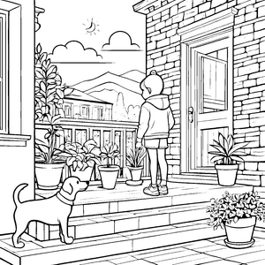 Entspanntes Kind mit liebevollem Hund auf schönem Balkon Ausmalvorlage für kleine Naturfreunde