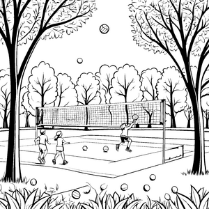 Abenteuerliches Volleyballspiel zwischen fröhlichen Freunden Ausmalvorlage für aktive Sportler
