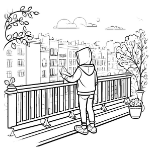 Fantastischer Blick vom Balkon auf die Stadt Ausmalvorlage für kleine Architekturentdecker