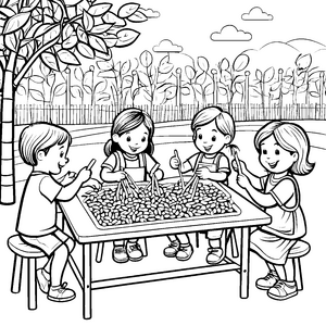 Fröhliche Kinder beim spannenden Edamame-Snack Bastelmotiv für kreative Gärtner