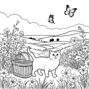 Neugierige Britisch Kurzhaar Katze im blühenden Garten Ausmalbild für junge Entdecker