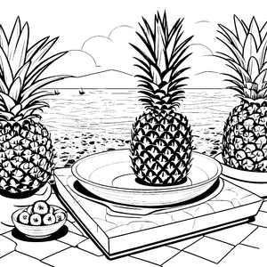 Exotische Ananasfrüchte am Strand Ausmalvorlage für kreative Genusskünstler