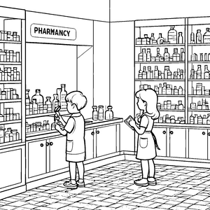 Witzige Apotheke mit neugierigen Kindern Ausmalbild für kleine Gesundheitsforscher