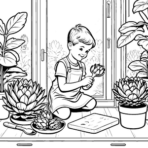 Fröhlicher Junge mit Artischockensammlung Malvorlage für kleine Gartenkünstler