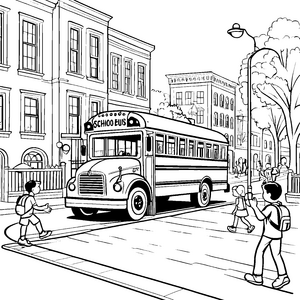 Funky Schulbus vor der Stadtansicht Ausmalmotiv für neugierige Entdecker