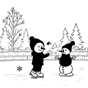 Fröhliche Schneemannfreunde beim Schlittschuhlaufen Malvorlage für fröhliche Winterkinder