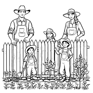 Glückliche Familie bei der bunten Gartenarbeit Ausmalbild für kleine Naturentdecker